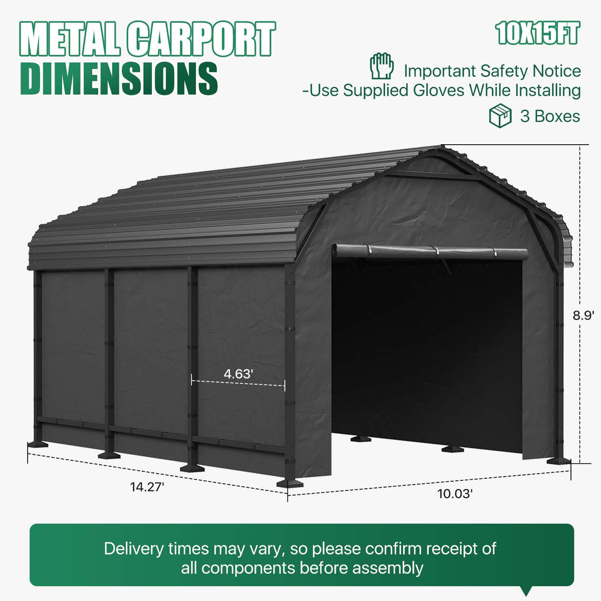 Clouddwell 10x15FT Heavy Duty Metal Carport, Carport Canopy with Sidewalls, Enclosed Car Garage, Outdoor Storage with Reinforced Frame & Galvanized Roof, Garage Shelterf for Car, Pickup, Truck, Boat