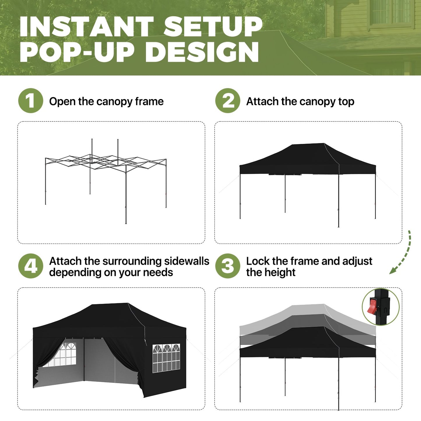 Clouddwell 10'x15' Pop Up Canopy Tent with Removable Sidewalls, Adjustable Height Instant Outdoor Canopy, Portable Sun Shade Shelter with 4 Sandbags, Easy Setup for Events, Parties, Black