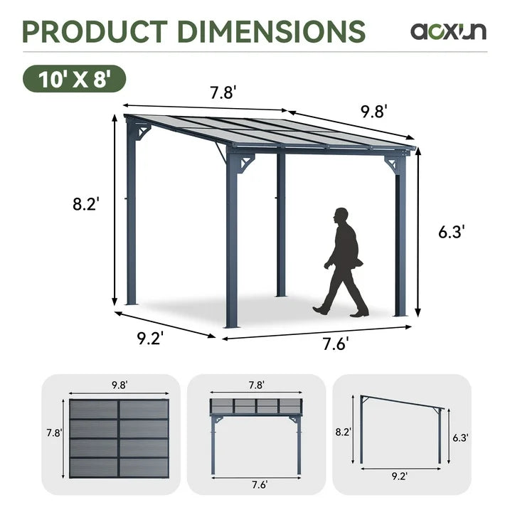 Sunmthink Outdoor Hardtop Gazebo for Patio 10' x 8', Small Wall-Mounted Lean to Gazebo Pergola with Roof