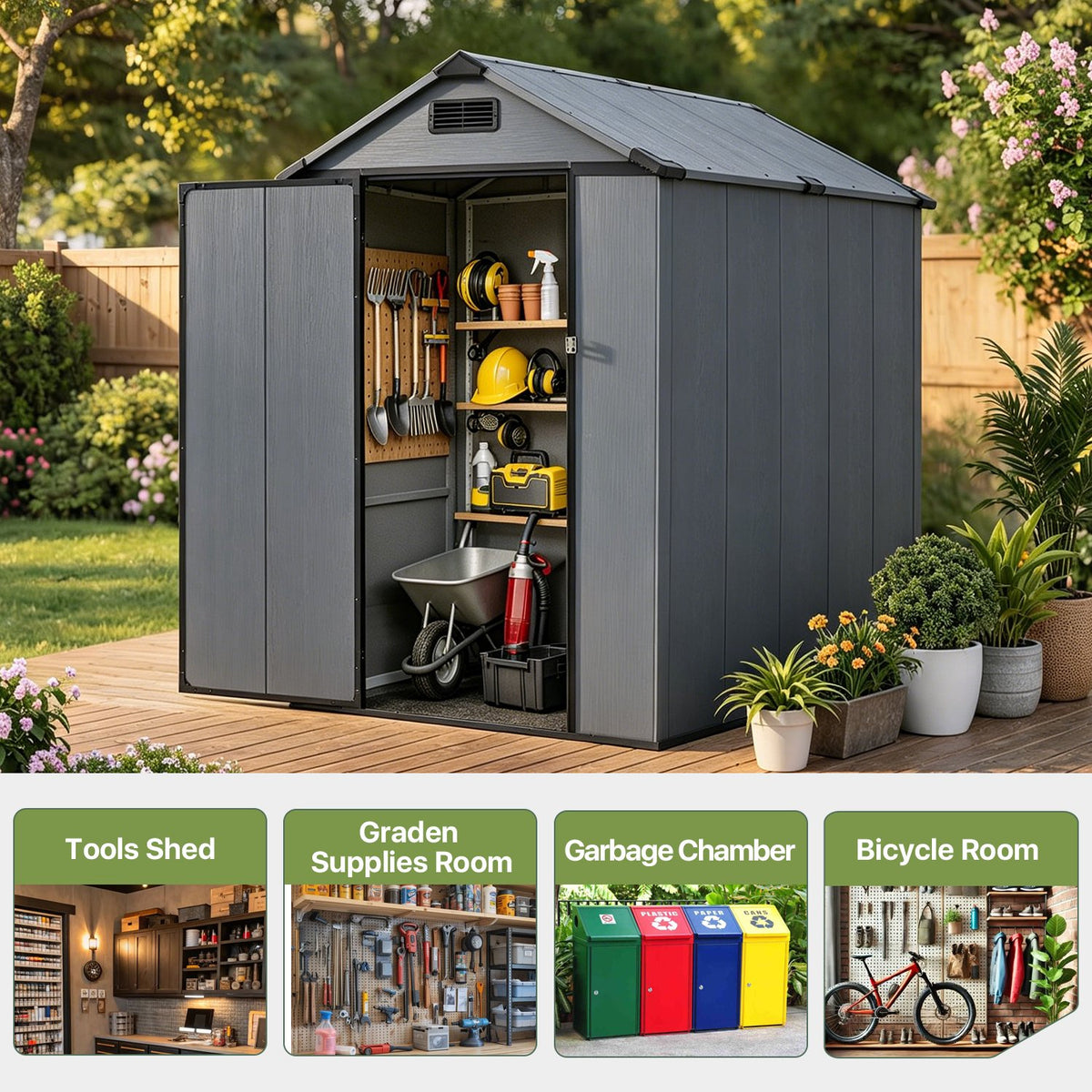 Dateyes 4x6 FT Resin Storage Shed, All-Weather Outdoor Storage Shed with Floor & Air Vent for Patio, Backyard, Garden, Dark Gray