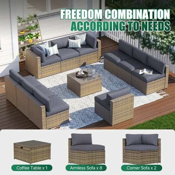 Clouddwell 11 Piece Patio Furniture Set Wicker Rattan Patio Conversation Set Outdoor Sectional Sofa Set with Coffee Table and Gray Cushions(Waterproof Cover Included)