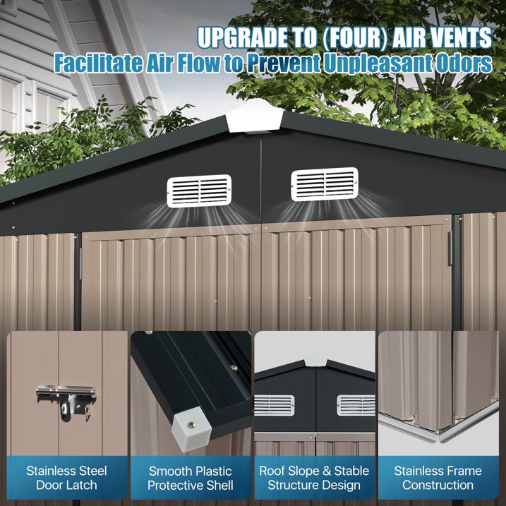 Sunmthink 6 x 4 ft Outdoor Storage Shed with Vents and Double door, Brown, with Base