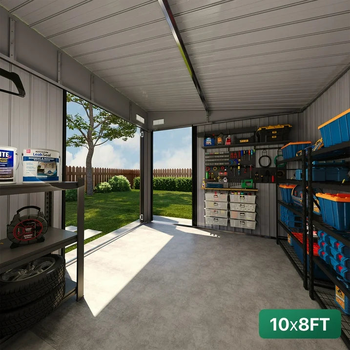 Clouddwell 10ft x 8ft Heavy-Duty Metal Storage Shed with 3 Doors, Lockable Lean-To Design, Weatherproof for Garden & Tools (Brown)