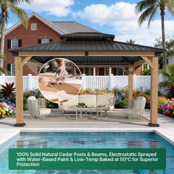 Clouddwell 12'*14' Upgraded Cedar Gazebo,Cedar Hard Roof Gazebo,with Double-Layer Galvanized Steel Roof,Suitable for Backyard,Desk,and Lawn