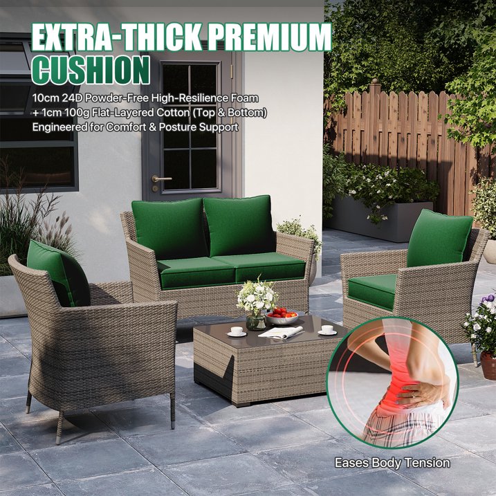 Clouddwell 4-Piece Premium Outdoor Cushion Set, 20x22x4 Inches High-Resilience Waterproof Cushions for 4-Seat Wicker Sectional(Green)