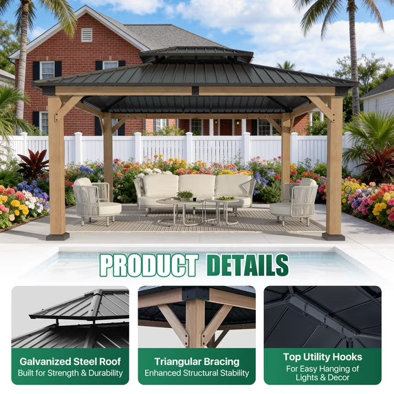 Clouddwell 12'*14' Upgraded Cedar Gazebo,Cedar Hard Roof Gazebo,with Double-Layer Galvanized Steel Roof,Suitable for Backyard,Desk,and Lawn