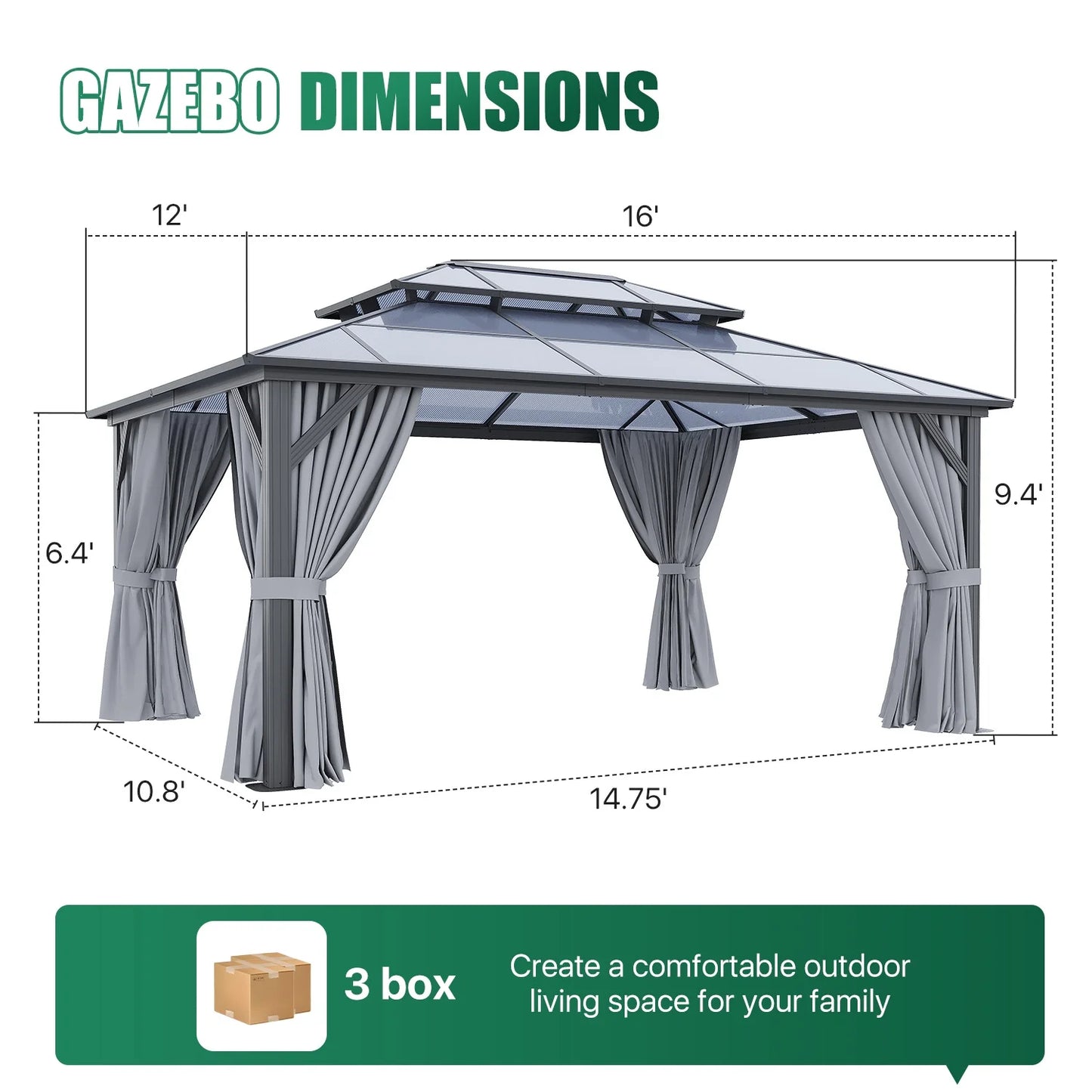Clouddwell 12'x16' Hardtop Gazebo - Polycarbonate Double Roof with Netting & Curtains for Patio, Garden Sun Protection,Gray