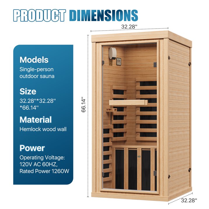 Sunmthink Full Spectrum Infrared Sauna ， 1-Person Home Sauna 1260W Hemlock Wood Spa with Resonance Speaker & Tempered Glass