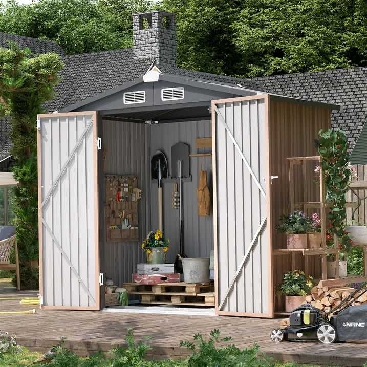 Clouddwell 6x4 ft. Metal Storage Shed with Base, Galvanized Steel Outdoor Garden Shed (Brown)