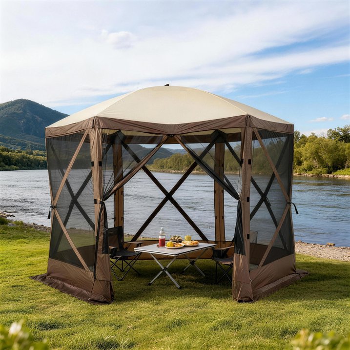 Clouddwell 12x12 FT Outdoor Pop-up Gazebo Tent, 6-Sided Screen Room with Waterproof UV-Blocking Canopy, Includes Carry Bag, Stakes & Ropes, Brown