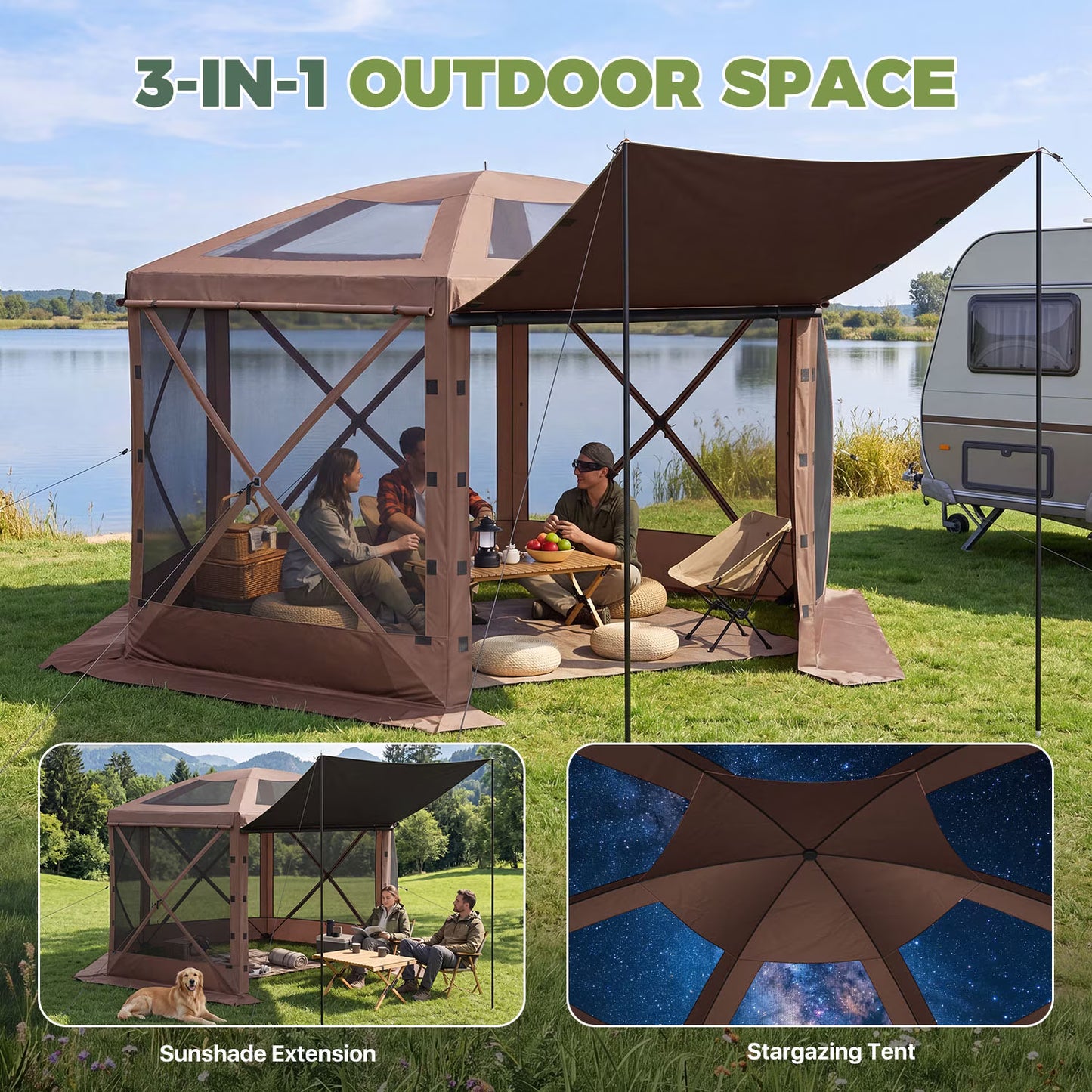 Clouddwell 15'x15' Outdoor Pop Up Gazebo, Screen Tent with Removable Top & Mosquito Netting, Camping Canopy Tent, Waterproof, UV Resistant, Portable Carry Bag, Brown