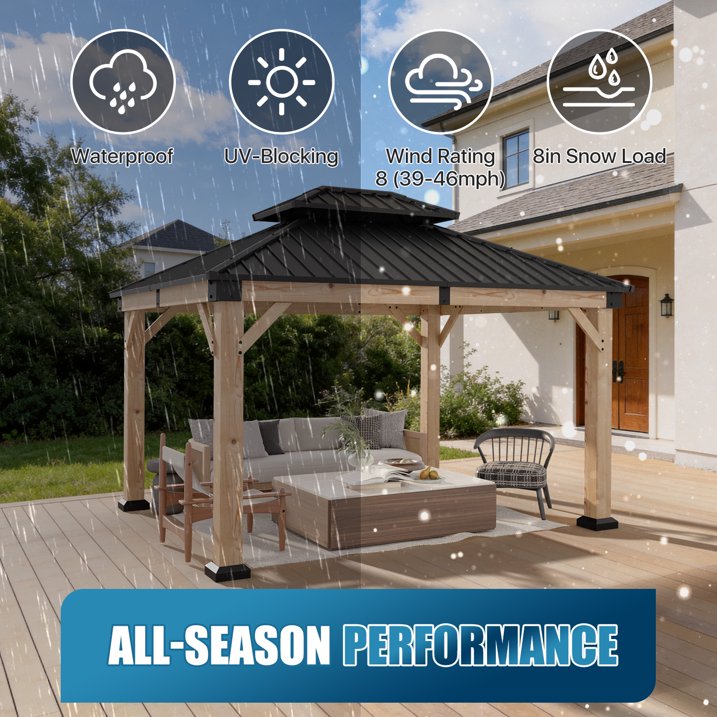 Sunmthink 10'x12' Outdoor Hardtop Gazebo, Cedar Wood Pavilion with Galvanized Steel Double Roof, for Patio, Garden, Deck