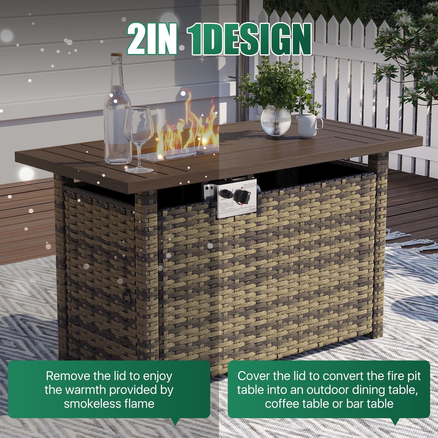 Clouddwell 8 Piece Patio Furniture Set with 44” Fire Pit Table Wicker Rattan Patio Conversation Set Outdoor Sectional Sofa Set with Coffee Table and Gray Cushions(Waterproof Cover Included)