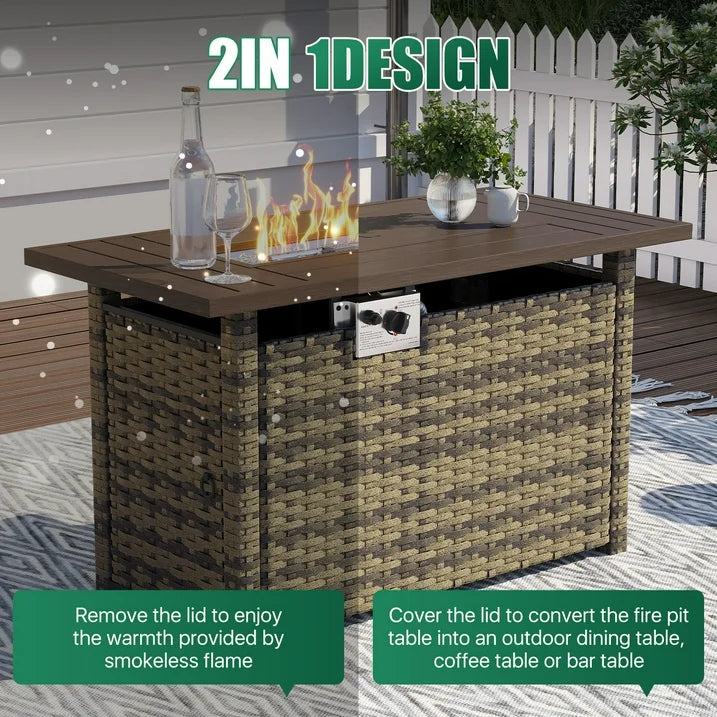 Clouddwell 15 Piece Patio Furniture Set with 44” Fire Pit Table Wicker Rattan Patio Conversation Set Outdoor Sectional Sofa Set with Coffee Table and Gray Cushions(Waterproof Cover Included)