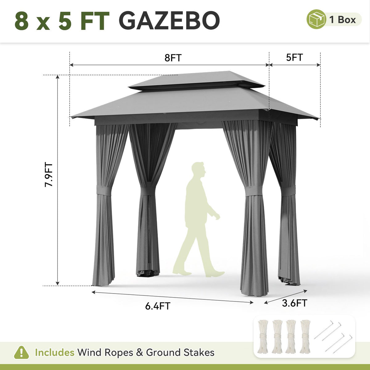 Clouddwell 8'x5' Patio Gazebo Double Roof Protection All-Weather Outdoor Shelter Features Insect Screens Ideal for Backyard, Lawn, (Gray)