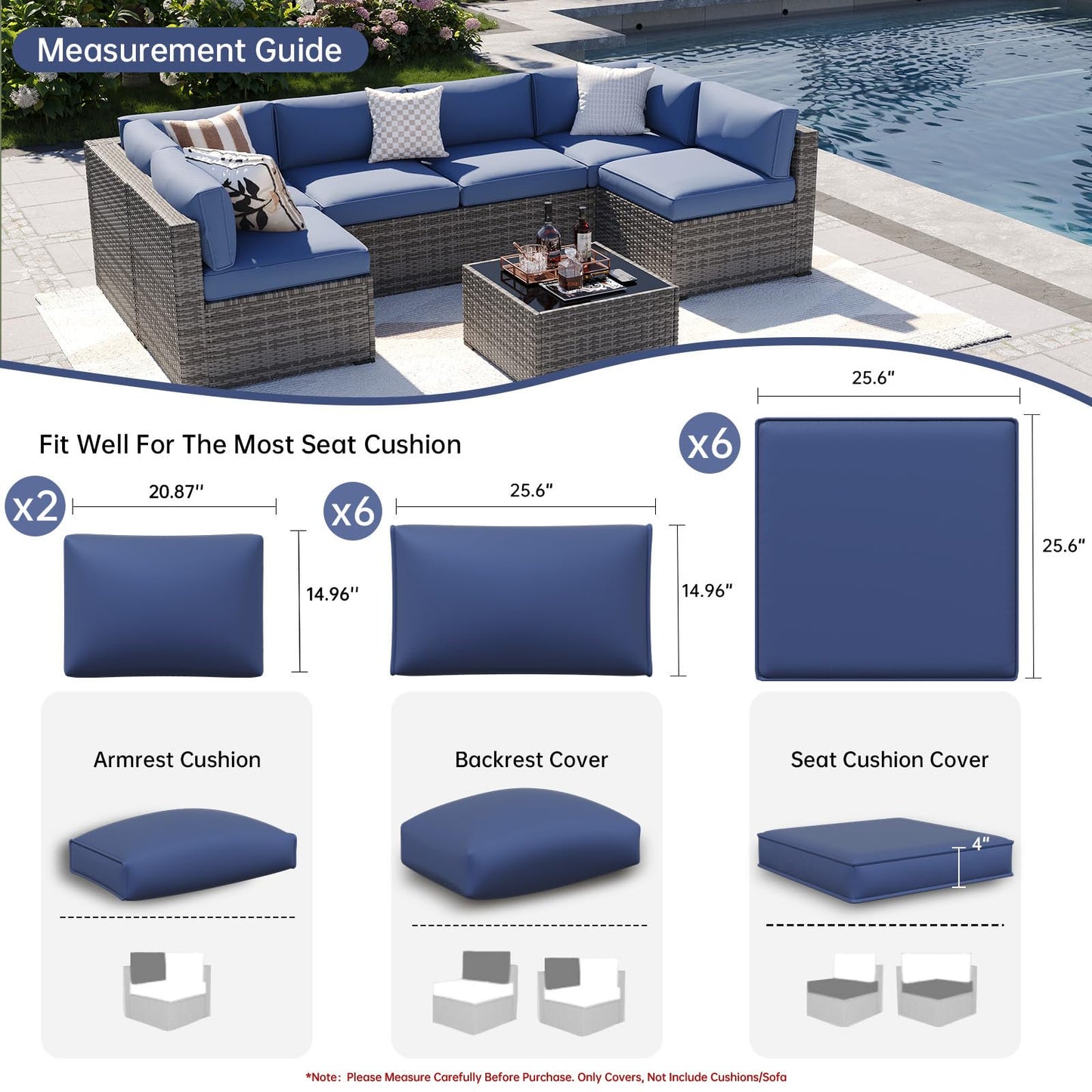 Clouddwell 14-Piece Outdoor Cushion Covers Replacement for 6-Seat Wicker Sectional-Waterproof, Non-Slip Bottom (Navy Blue)