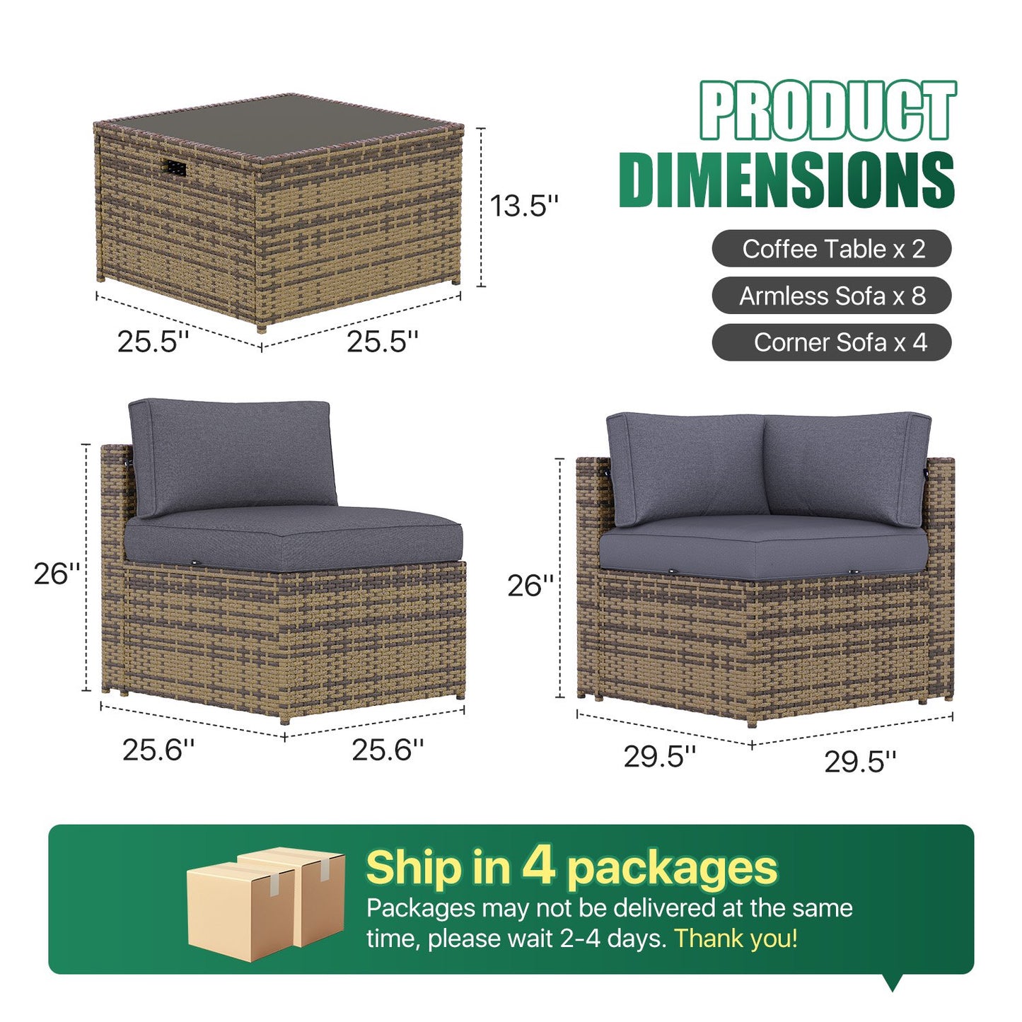 Clouddwell 14 Piece Patio Furniture Set Wicker Rattan Patio Conversation Set Outdoor Sectional Sofa Set with Coffee Table and Gray Cushions(Waterproof Cover Included)