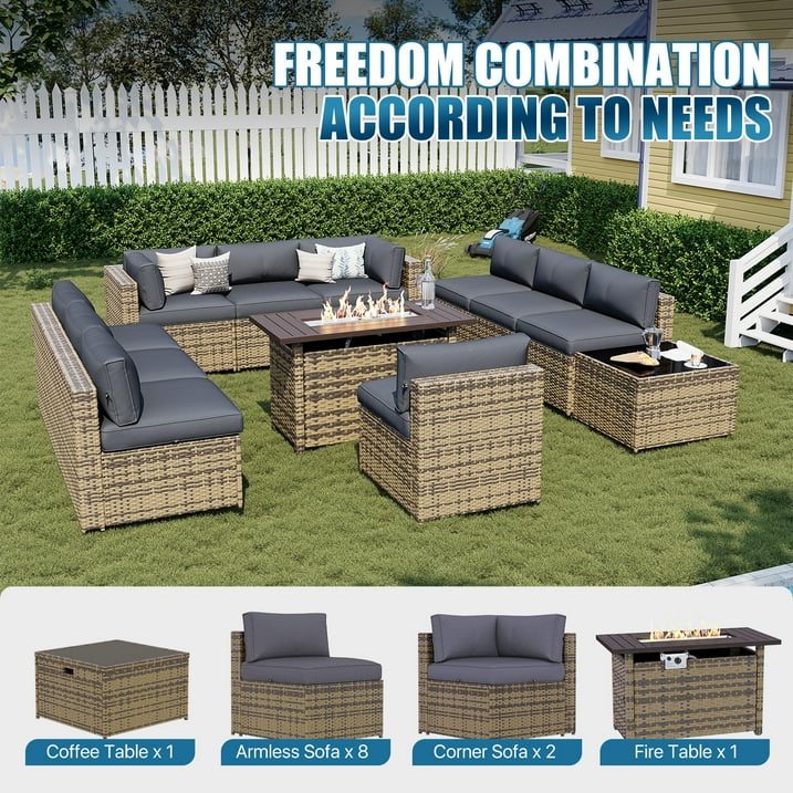 Sunmthink Patio Furniture Sets, 12-Piece Outdoor Patio Furniture with 44'' Propane Gas Firepit Table, Wicker Outdoor Conversation Set and Waterproof Cover for Backyard, Poolside, Garden