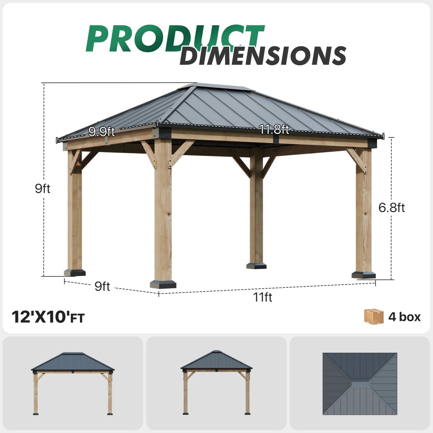 Clouddwell 12*10FT Hardtop Gazebo,Wooden Patio Gazebo with Single-Layer Galvanized Steel Roof,Suitable for Backyards,Patios and Decks.