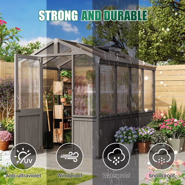 Clouddwell Large Outdoor Wooden Storage Shed, Polycarbonate Panels with Automatic Roof Vent & Lockable Door, Outdoor Walk-in Garden Greenhouse, 6x8 FT, Gray