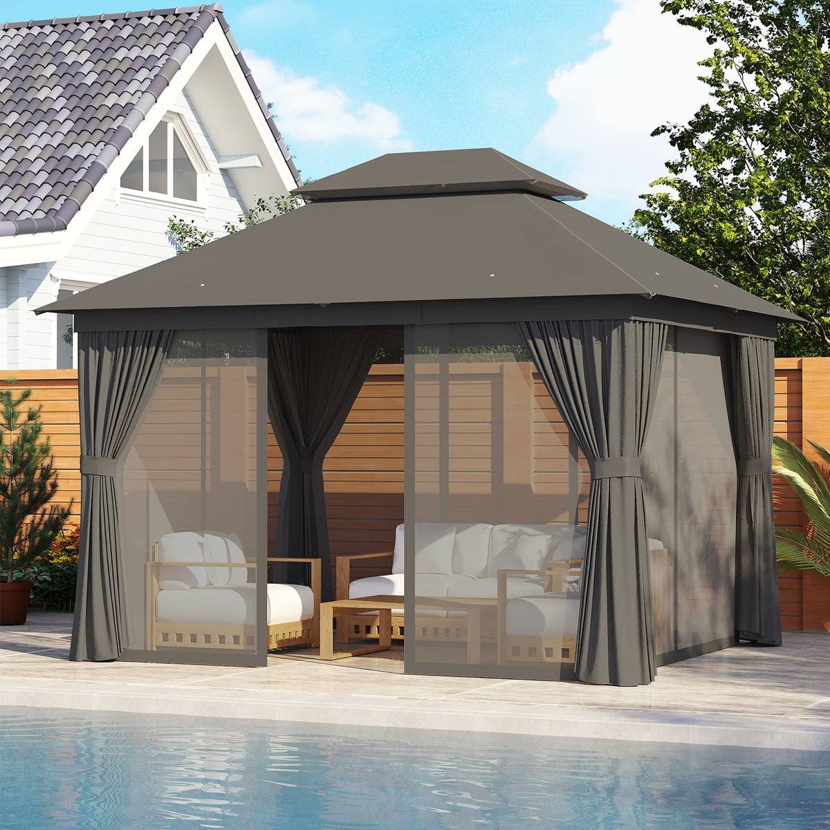 Sunmthink Outdoor Gazebo for Patio 10x12, Metal Frame Canopy with Double Roofs, Heavy Duty Party Tent and Shelter with Mosquito Netting and Privacy Screen for Backyard,Garden,Deck (Gray)