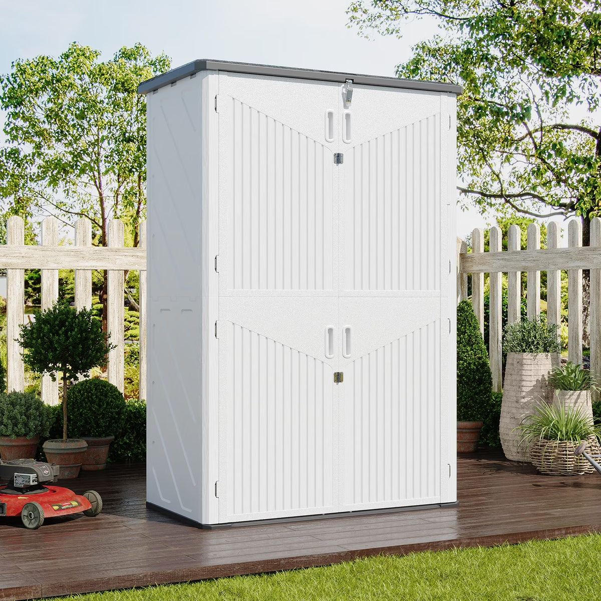 Dateyes 4.5x2.5 FT Resin Storage Shed, Heavy-Duty 64 Cu.ft Plastic Storage Sheds with Floor & 3 Tier Shelves, Weather-Resistant Vertical Outdoor Storage Cabinet with Lockable Doors, White