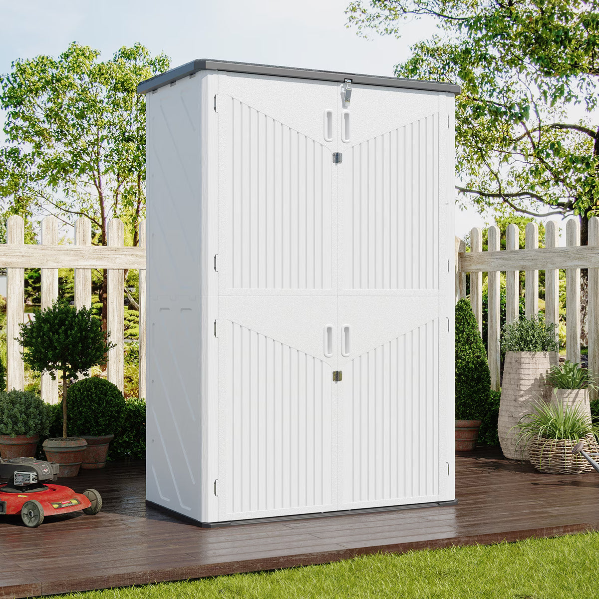 Dateyes 4.5x2.5 FT Resin Storage Shed, Heavy-Duty 64 Cu.ft Plastic Storage Sheds with Floor & 3 Tier Shelves, Weather-Resistant Vertical Outdoor Storage Cabinet with Lockable Doors, White