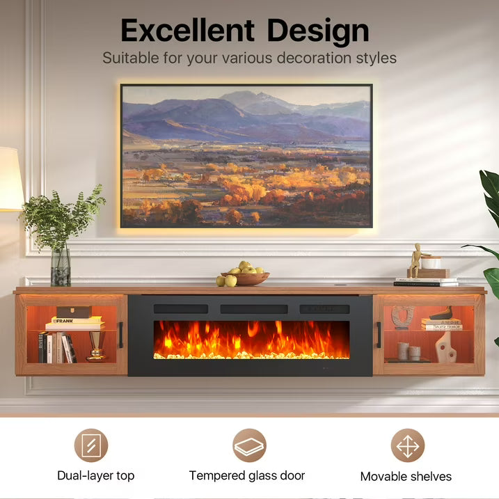 Sonegra Floating Fireplace TV Stand for TVs up 80", Wall Mounted Fireplace Entertainment Center, 70" Console Table with Electric Fireplace, Brown, WI-FI Enabled