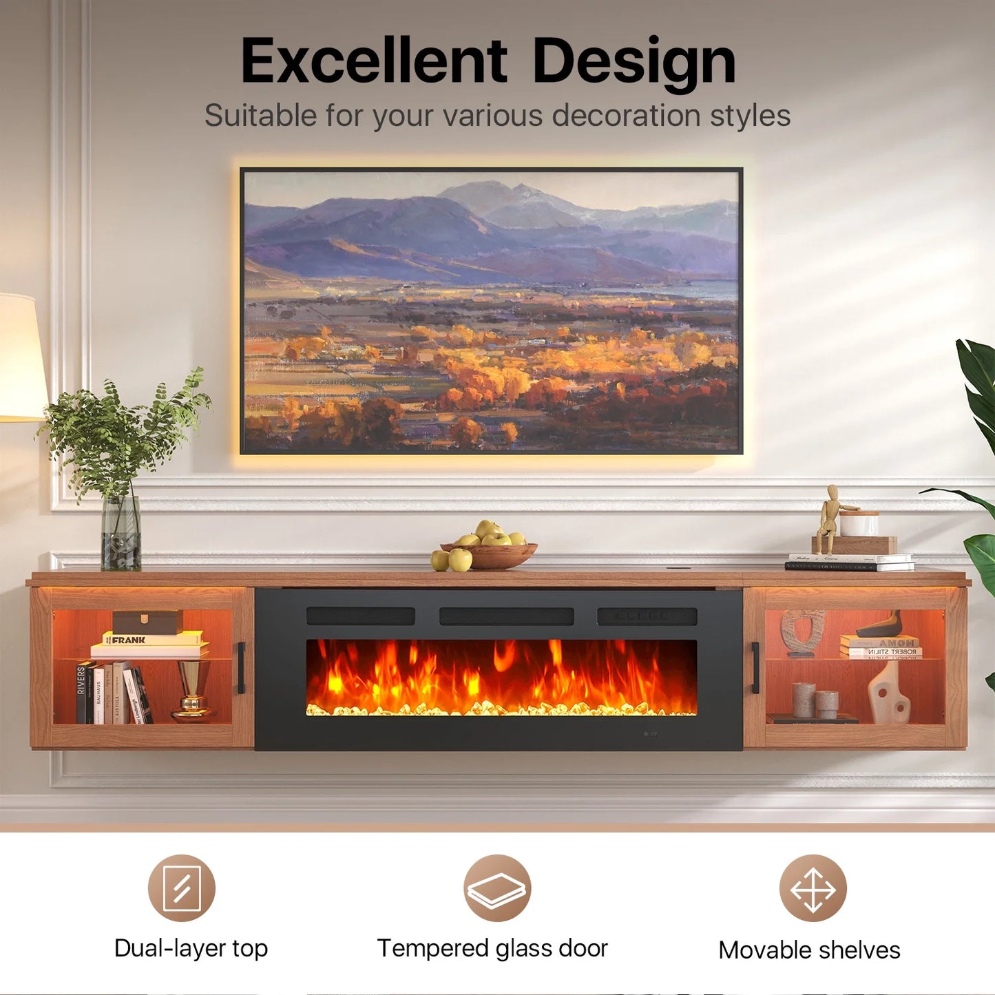 Sonegra 70" Floating TV Stand with 36" Electric Fireplace, High Gloss Finish Wall Mounted Fireplace Entertainment Center with Storage for TVs Up to 80", Brown