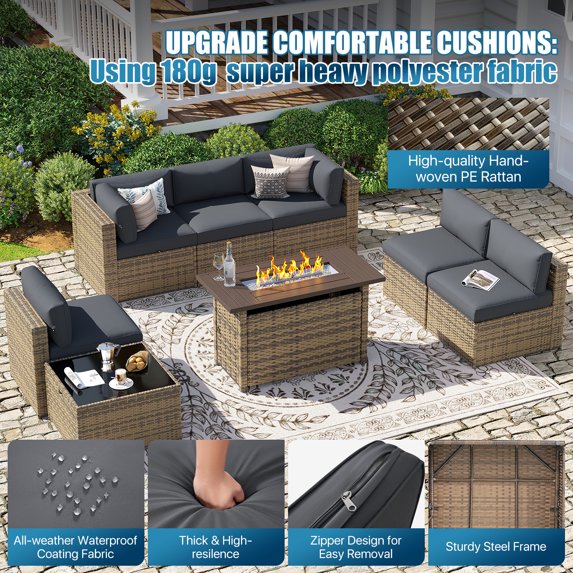 Sunmthink Patio Furniture Sets, 8-Piece Outdoor Patio Furniture with 44'' Propane Gas Firepit Table, Wicker Outdoor Conversation Set and Waterproof Cover for Backyard, Poolside, Garden