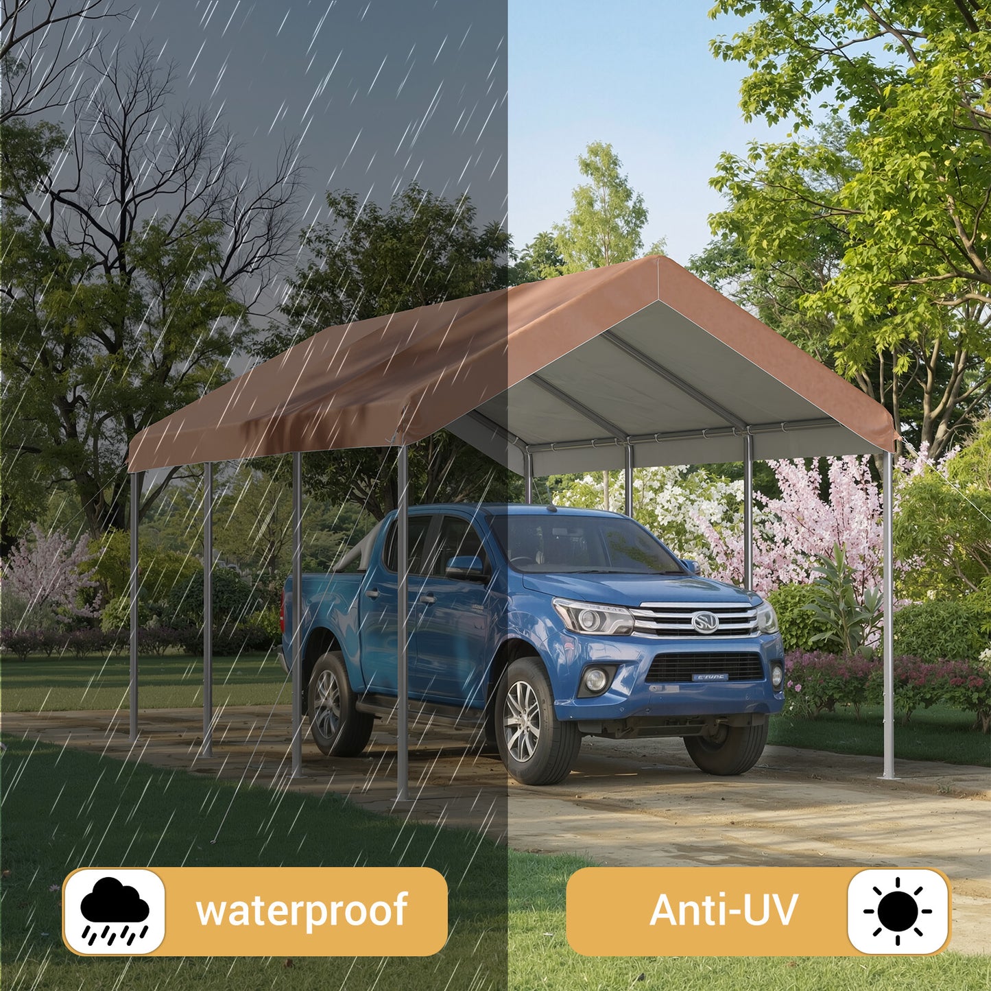 Aoxun 10x15 ft Heavy Duty Carport Canopy, Potable Car Canopy with Adjustable Height, Outdoor Carport Shelter Portable Garage with Reinforced Frame for Cars, Boats, Trucks, Khaki