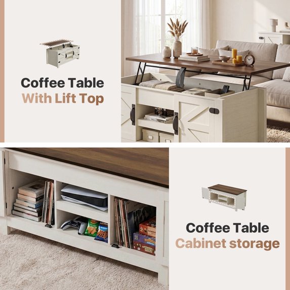 Sonergra Lift Top Coffee Table with Storage, Farmhouse Living Room Table with Charging Station & Barn Doors, White