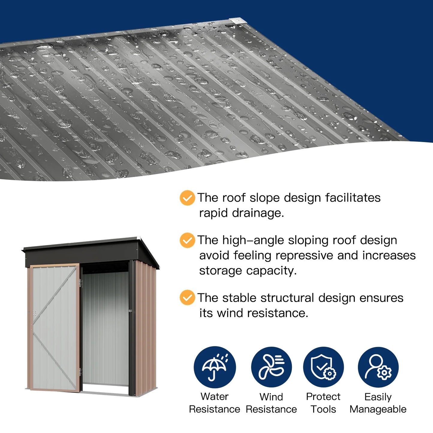 Aoxun 5.1 x 2.7 ft Outdoor Metal Shed, Storage Garden Shed with Lockable Door Tool Shed for Garden, Backyard, Poolside, Brown