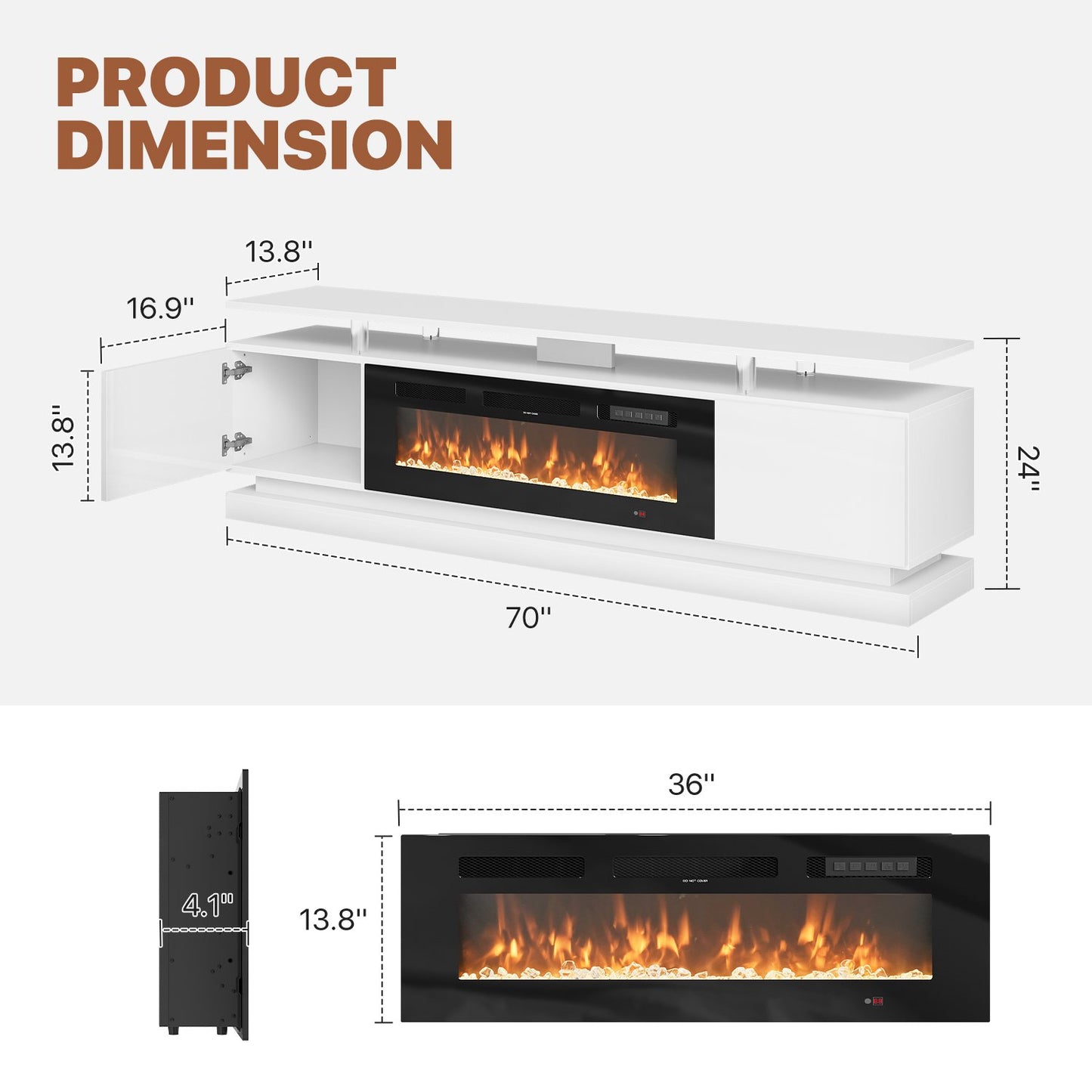 Sonegra Fireplace TV Stand with Electric Fireplace up to 80", Entertainment Center with Fireplace, LED 70" Modern TV Console with Storage for Livingroom, White