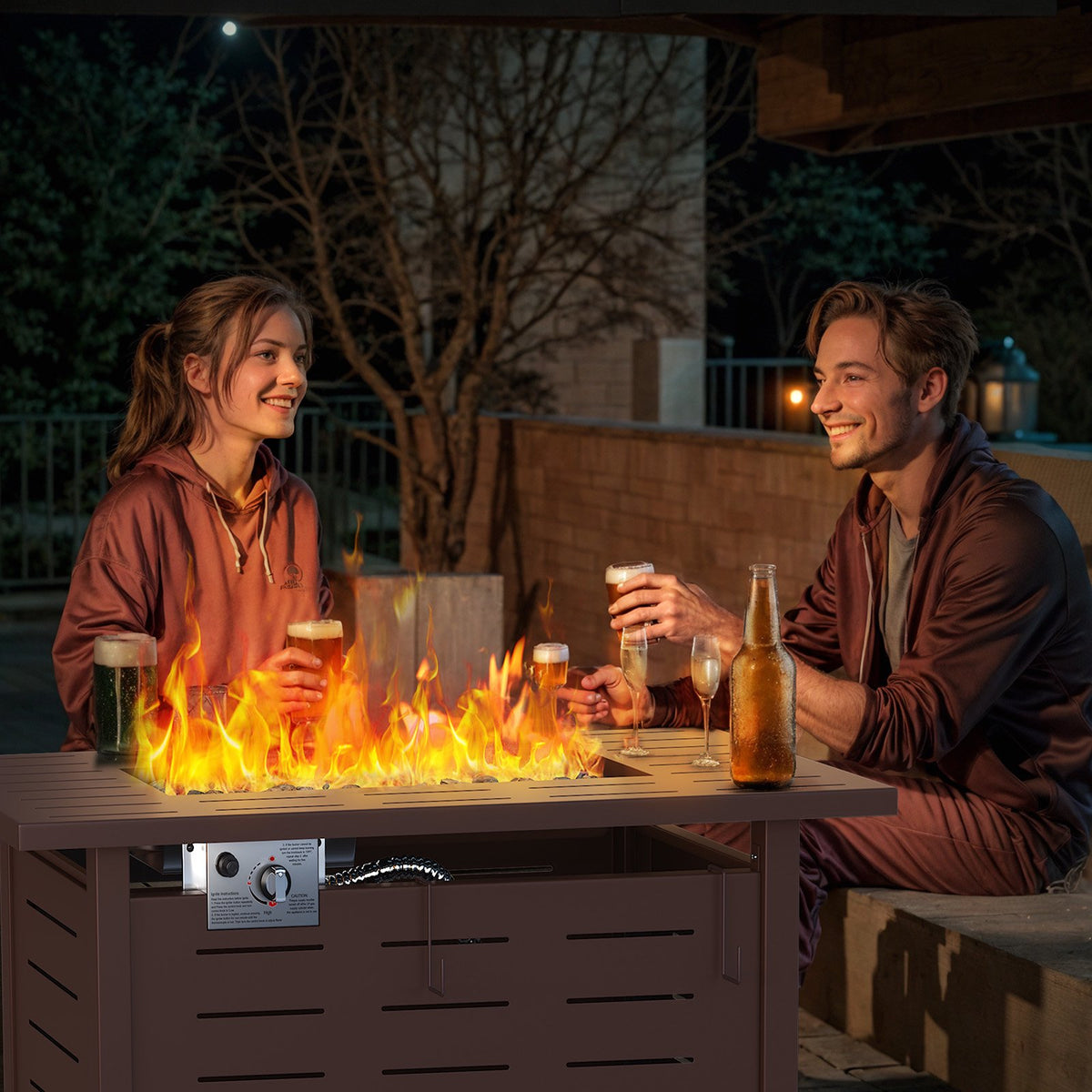 LazySunsets 42" Rectangle Propane Fire Pit Table – 50,000 BTU Outdoor Patio Heater with Removable Lid, Waterproof Cover & Lava Rocks, Brown