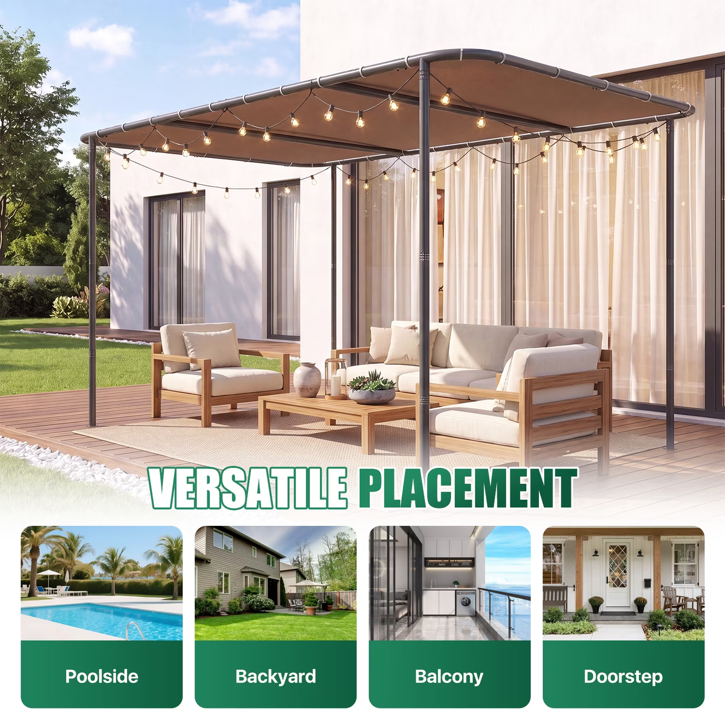 Clouddwell 8×10 FT Wall-Mounted Sloped Roof Outdoor Pergola Canopy, Water-Resistant & UV-Resistant Metal Patio Gazebo for Backyard Garden Porch in Khaki