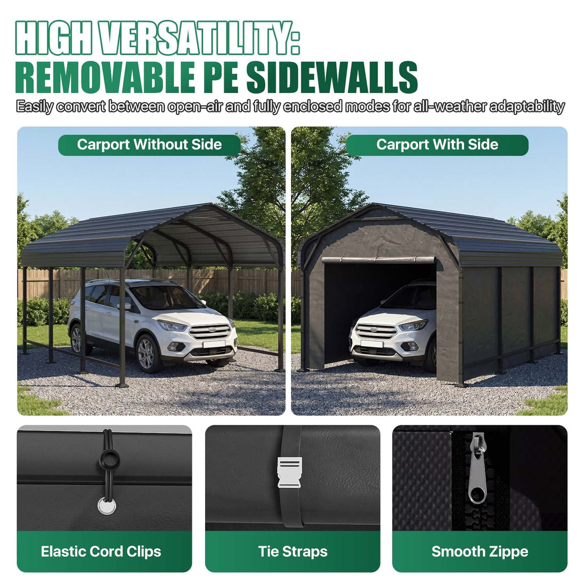 Clouddwell 10x15FT Heavy Duty Metal Carport, Carport Canopy with Sidewalls, Enclosed Car Garage, Outdoor Storage with Reinforced Frame & Galvanized Roof, Garage Shelterf for Car, Pickup, Truck, Boat
