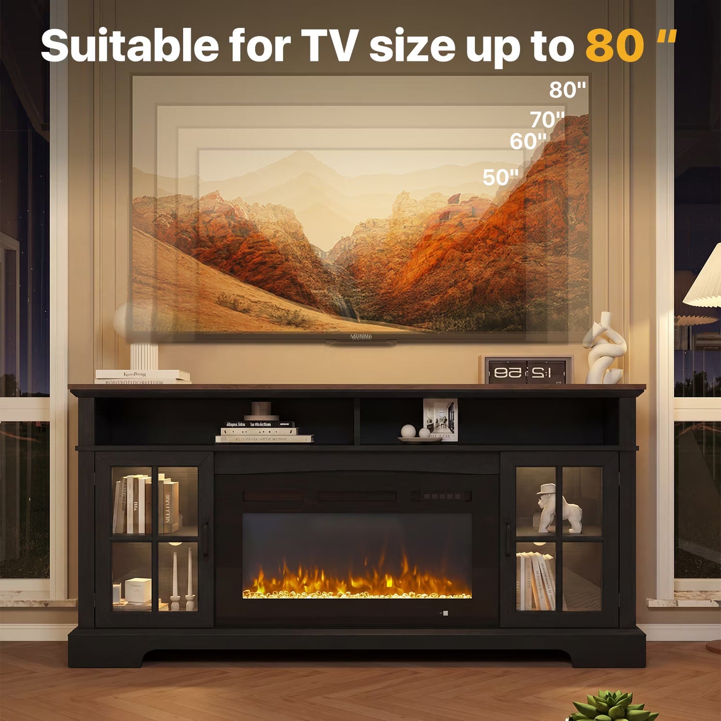 Sonegra Fireplace TV Stand with Glass Door for TVs up to 80", 70" Entertainment Center with Fireplace, Media Console for Living Room, Black