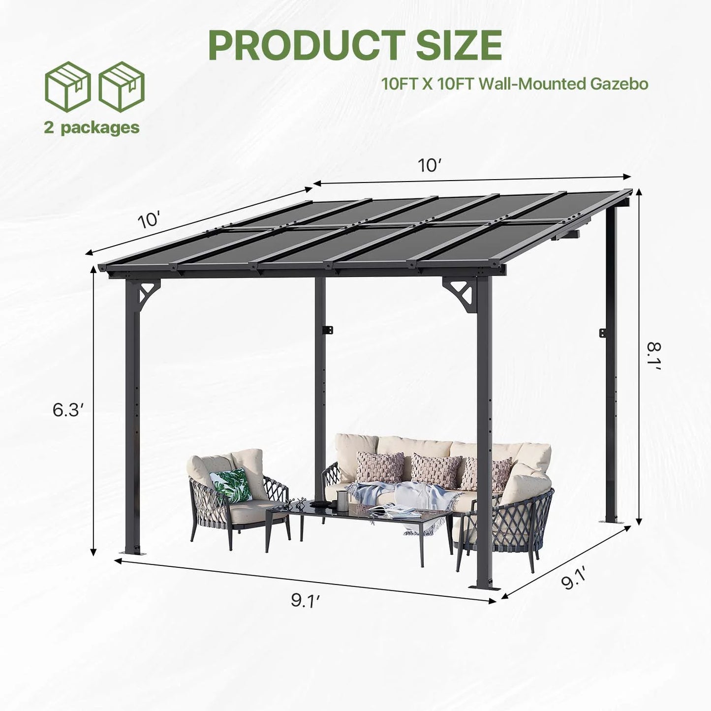 Clouddwell 10'x 10' Wall-Mounted Gazebo Pergola with Aluminum Top Frame & Polycarbonate Panel, Large Heavy-Duty Awnings for Backyard Black