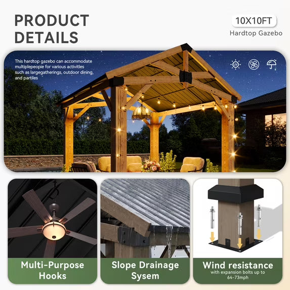 Aoxun 10' x 10' Outdoor Wood Gazebo, Hardtop Gazebo Permanent Wooden Pavilion with Galvanized Steel Gable Roof, for Patio, Garden, Backyard, Cedar Wood