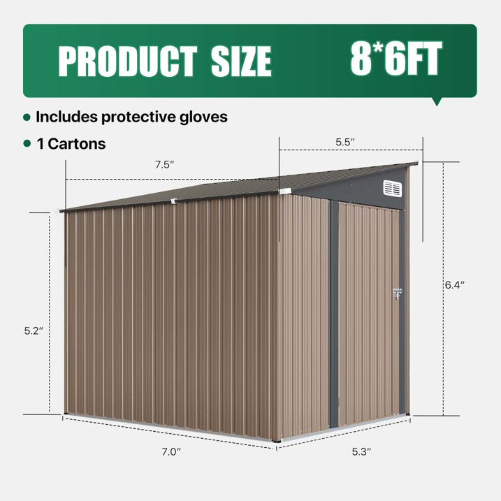 Clouddwell 7 x 5.5 Ft. Outdoor Metal Storage Shed, Lockable Lean-To Galvanized Steel Utility Shed with Slanted Roof, Brown