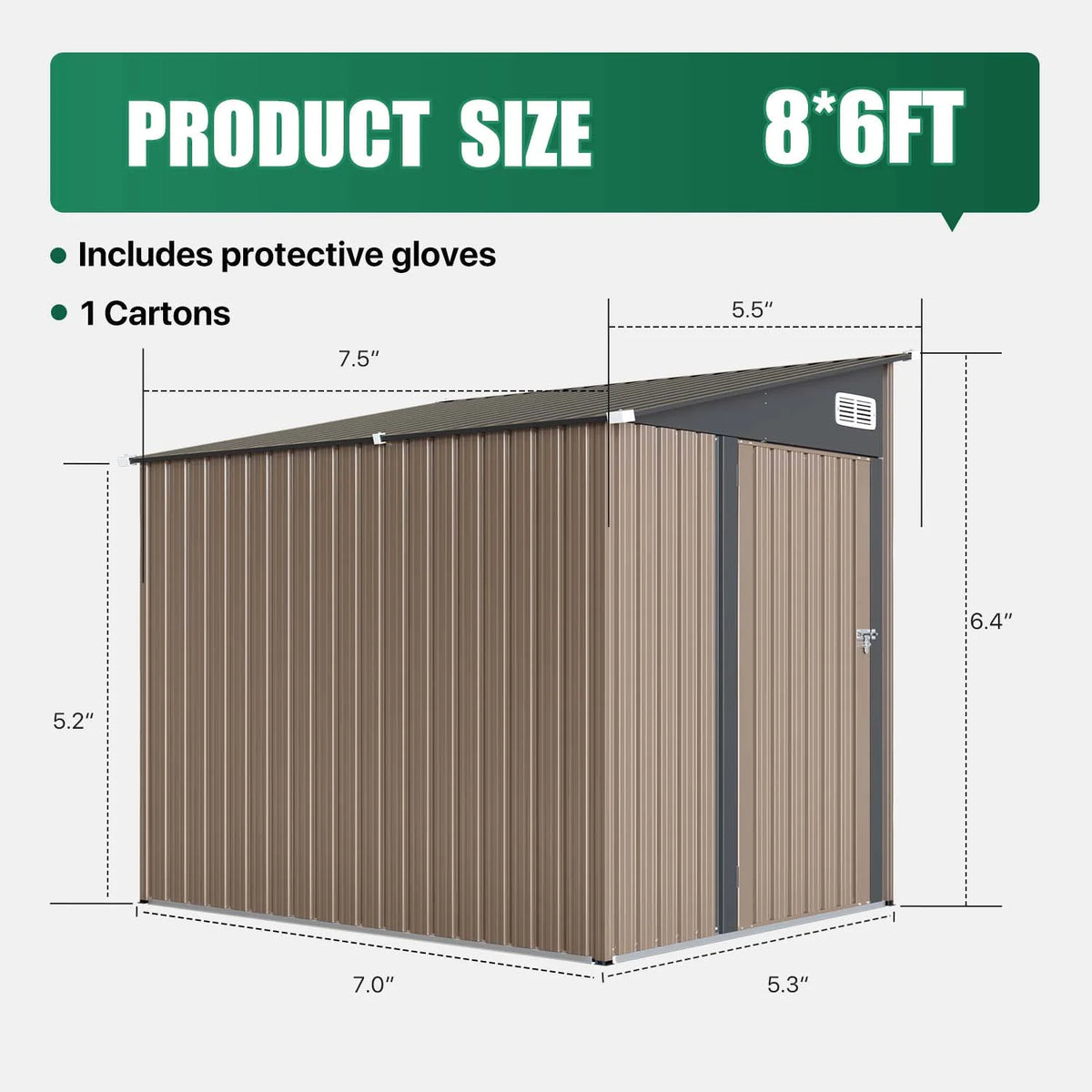 Clouddwell 7.5 x 6 Ft. Outdoor Metal Storage Shed, Lockable Lean-To Galvanized Steel Utility Shed with Slanted Roof, Brown