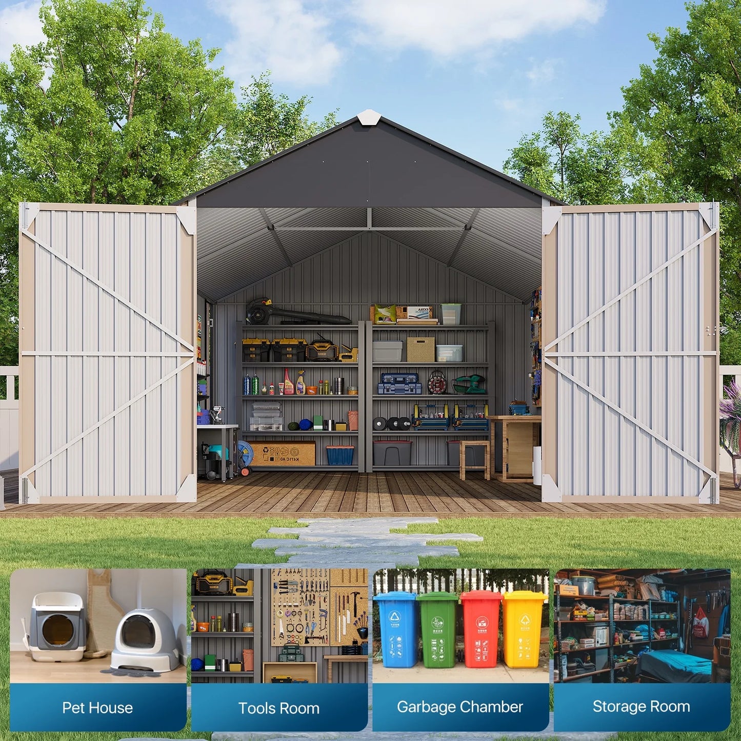 Clouddwell 12 x 20FT Shed Outdoor Storage Shed with Double Hinged Large Door, Extra Large Metal Shed with Lockable Door & Sloped Roof for Garden, Backyard, Patio and Backyard, Brown
