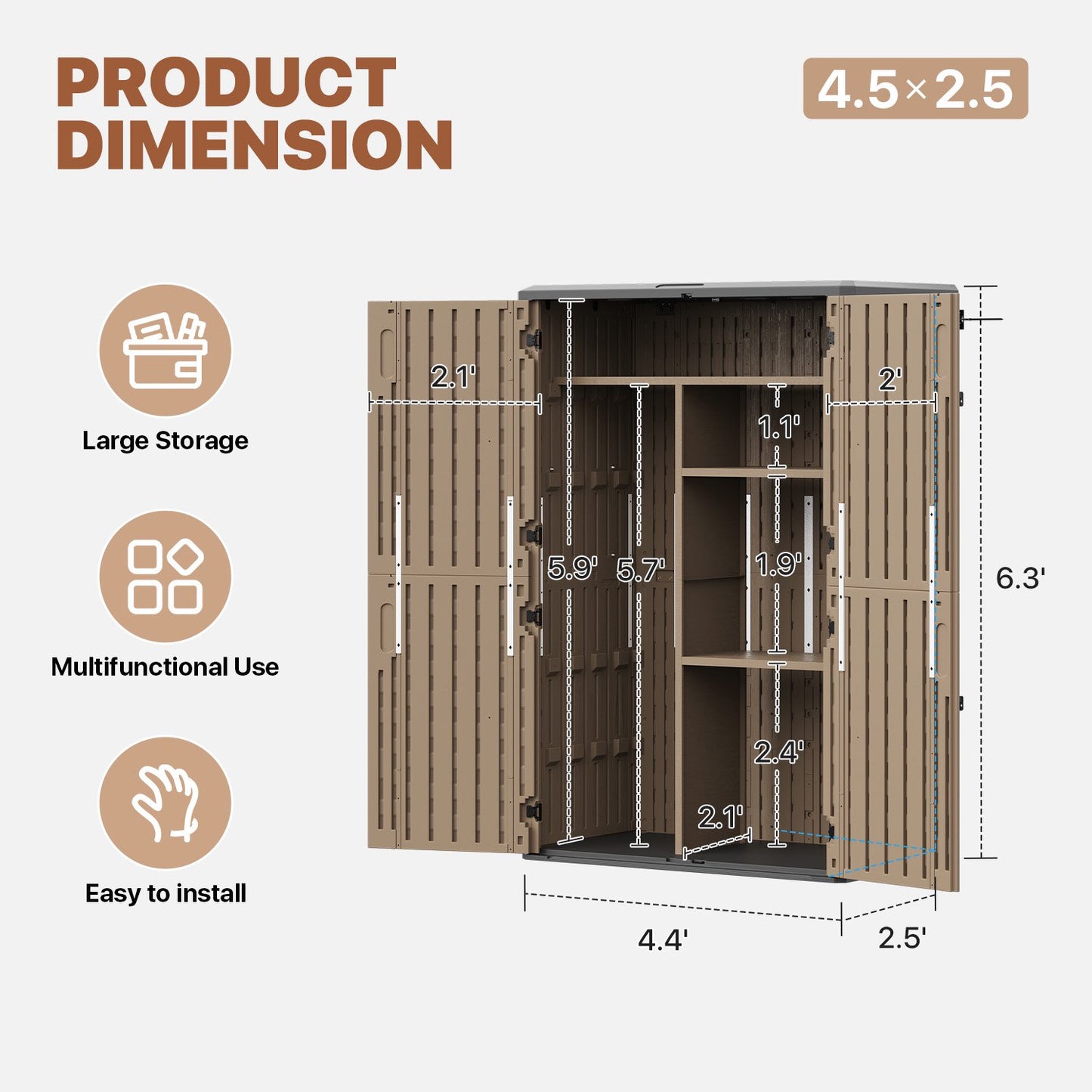 Cloudwell Outdoor Storage Shed with Metal Shelving Kit & Floor , 64 Cu.Ft Vertical Waterproof Resin Storage Cabinet for Garage Storage, Pool Storage, Bike Shed, Garden Tools, Patio Furniture, Brown
