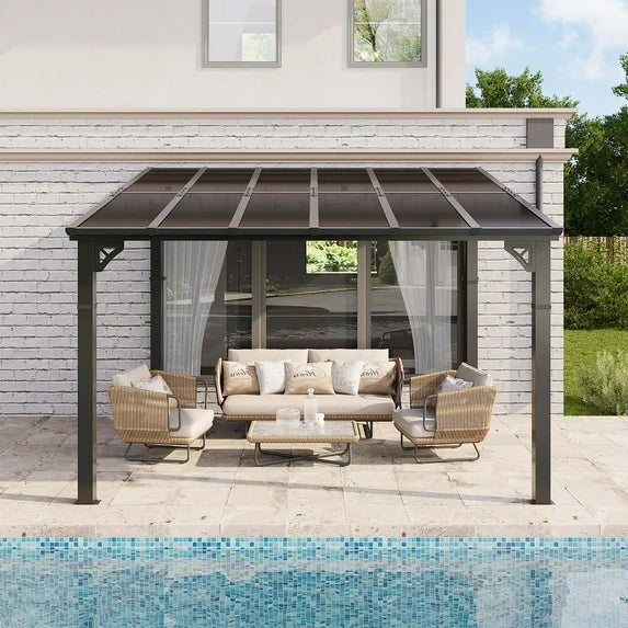 Clouddwell 12'x 10' Wall-Mounted Gazebo Pergola with Aluminum Top Frame & Polycarbonate Panel, Large Heavy-Duty Awnings for Backyard Black