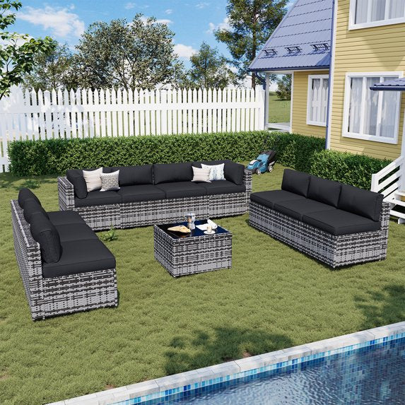 Sunmthink Patio Furniture Sets, 11-Piece Outdoor Patio Furniture with Thick Cushions, Wicker Outdoor Conversation Set and Waterproof Cover for Backyard, Poolside, Garden