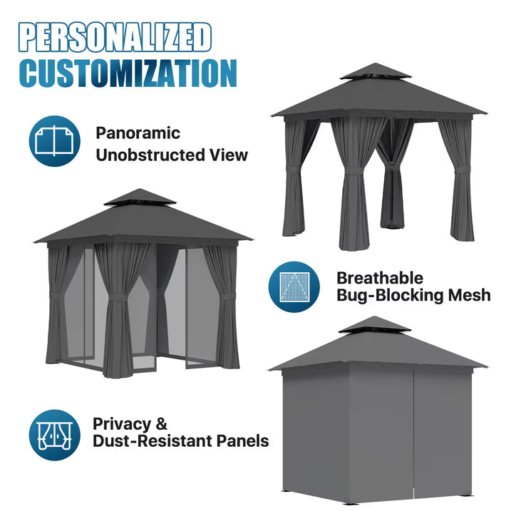 Sunmthink Outdoor Gazebo for Patio 8'x8', Metal Frame Canopy with Double Roofs, Heavy Duty Party Tent and Shelter with Mosquito Netting and Privacy Screen for Backyard,Garden,Deck (Gray)