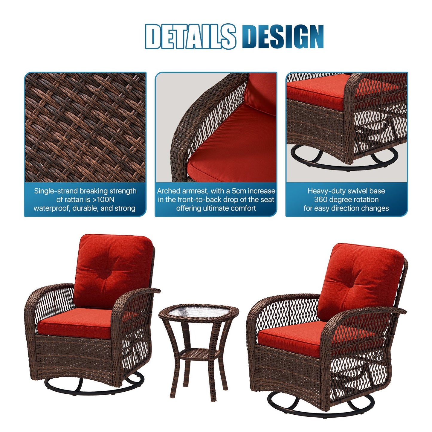 Sunmthink 3-Piece Patio Furniture Set with Swivel Rocking Chairs and Side Table, Thickened Cushions Outdoor Wicker Bistro for Porch Deck Backyard (Red)