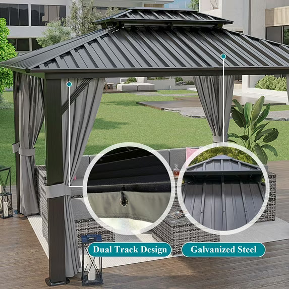 Aoxun 10'x12' Hardtop Gazebo, Outdoor Steel Double Roof Canopy, Aluminum Frame Permanent Pavilion with Curtains and Netting, Sunshade for Garden, Patio, Lawns, Black