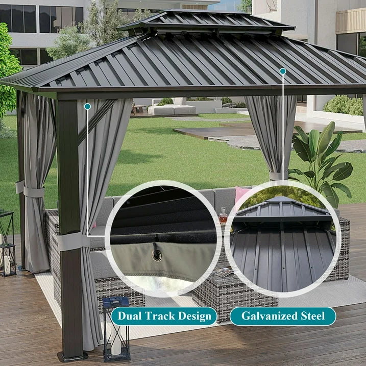 Aoxun 10'x12' Hardtop Gazebo, Outdoor Steel Double Roof Canopy, Aluminum Frame Permanent Pavilion with Curtains and Netting, Sunshade for Garden, Patio, Lawns, Black